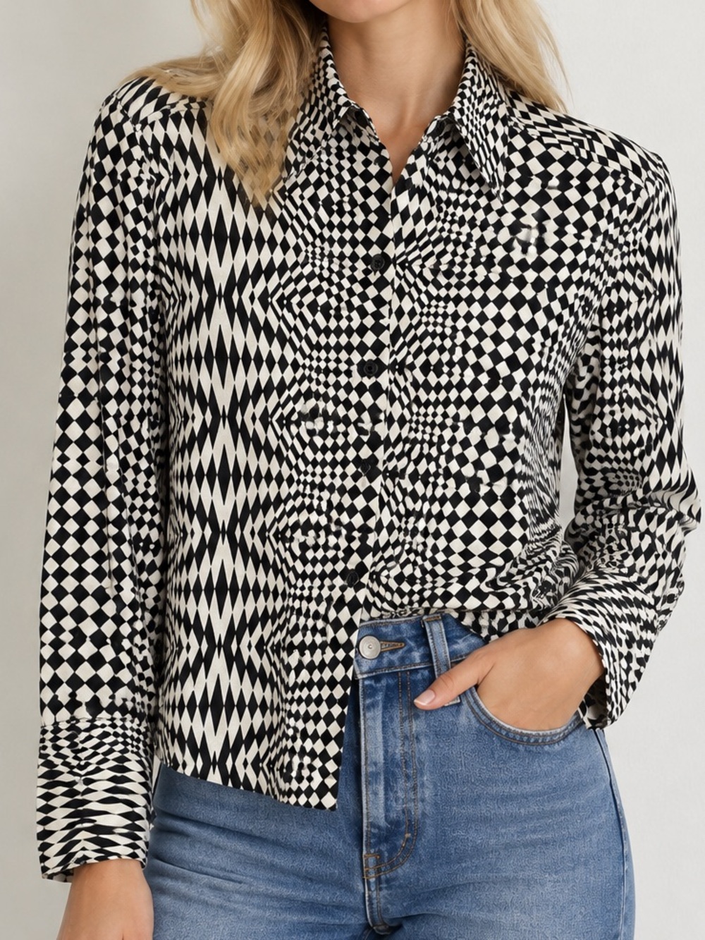 Zara Black Off White Geometric Soft Knit Cotton Long Sleeve Button Down Small